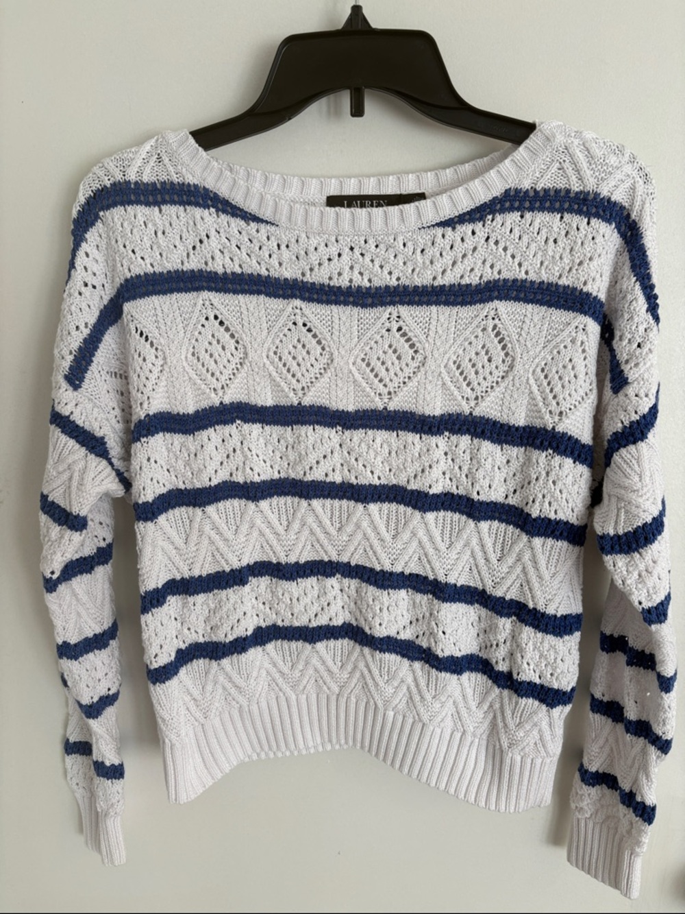 Black Label Ralph Lauren White and Blue Striped Pointelle Sweater